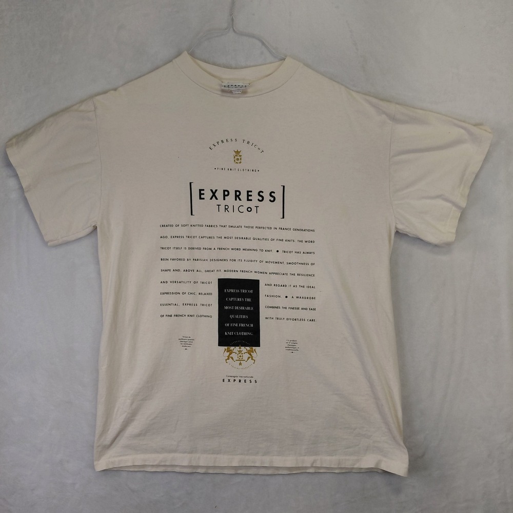 Vintage‎ Express Tricot Graphic T-Shirt Mens One Size Cream Made in USA 90s Tee